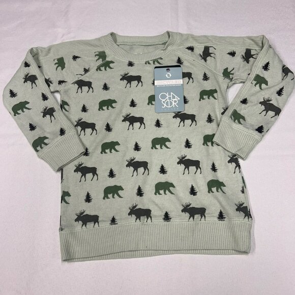 Chaser‎ Kids Recycled Polyester Blend Light Moss Sweater With Moose Print - Picture 1 of 6